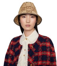 NEW GUCCI JUMBO GG LOGO BEIGE BROWN BUCKET FE...