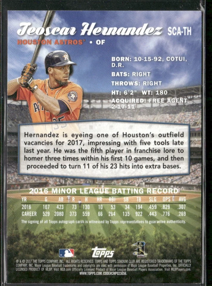 Teoscar Hernandez Rookie Auto AU 2017 Stadium Club Dodgers Houston Astros - Image 2 of 2