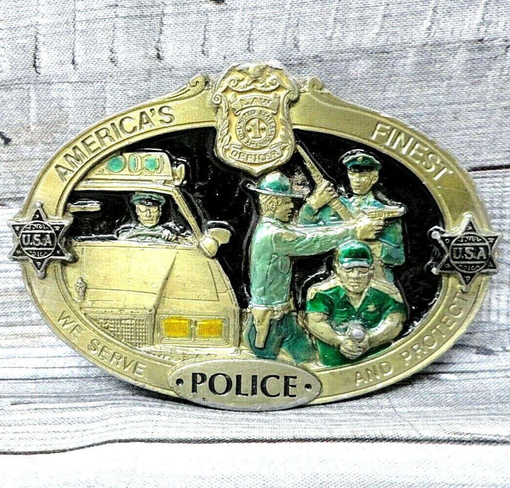Police Belt Buckle Americas Finest Serve Protect Badge Vtg 80s CJ Inc      .B138