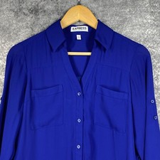 Express Dress Women XS Blue Portofino Shirt Drapey Lined Pleated Back Lux Career