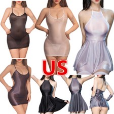 Women A-Line Dress Glossy Satin Strappy Backless Chemise Nightgown Slip Skirt
