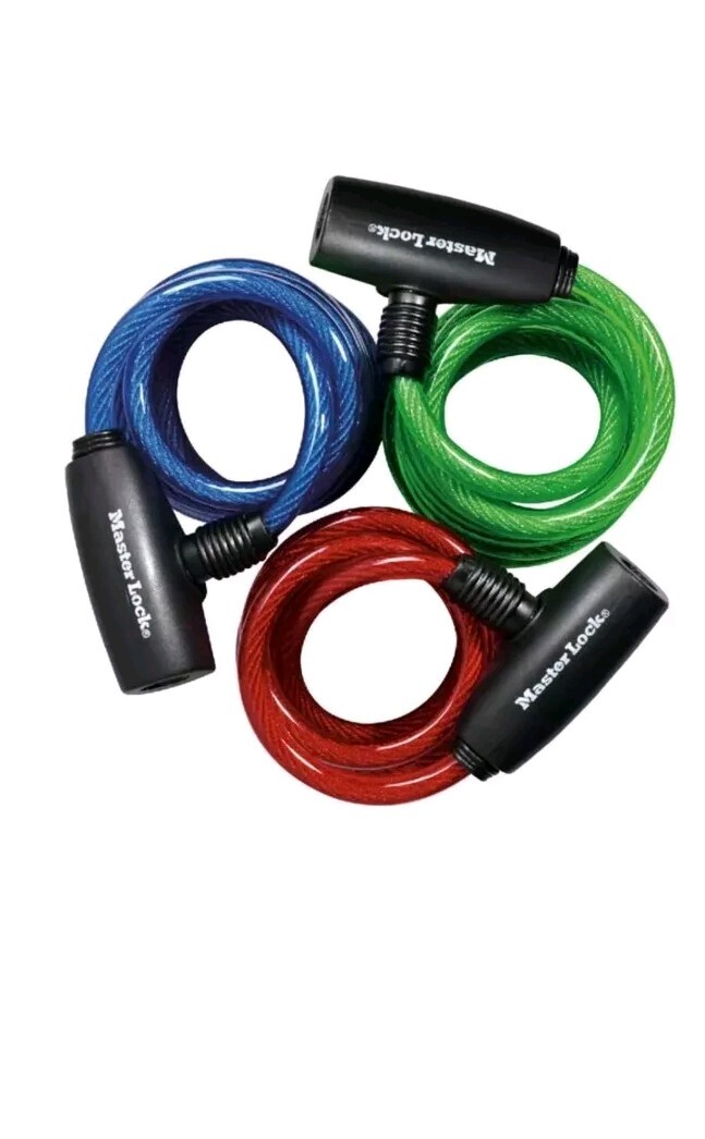 Master Lock 8127TRI Bike Lock Cables with Key, 3 Pack Keyed-Alike, Blue, Green,