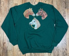 Vintage Equestrian Wild Horses Crewneck Green Sweatshirt Cowgirl Western Large