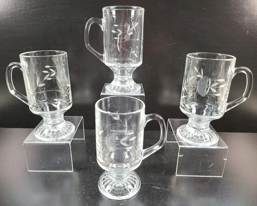 4 Princess House Heritage Irish Mugs Set Clear Floral Etch Cut Pedestal Cups Lot