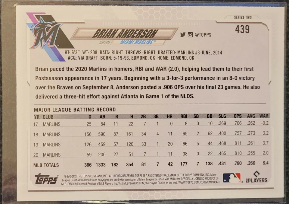 Topps Employee Edition 2021 Brian Anderson súper raro paralelo #439 Marlins Foto 2 de 2