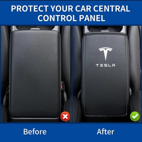 Car Armrest Cover Tesla Model 3 Y PU Leather Center Console Cover BLACK STITCH - Picture 4 of 7