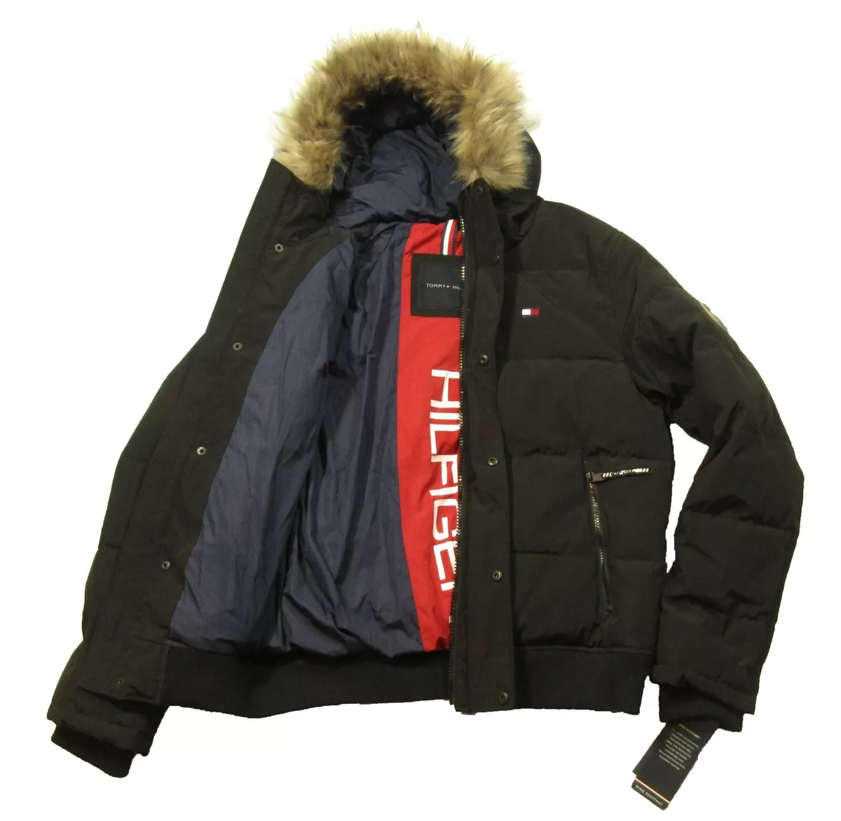 Tommy Hilfiger Men s Black Short Snorkel Faux Fur Full Zip Snap