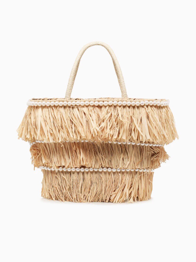 Unbranded Fringe Double Handle Straw Raffia Pearl Embellished Natural Beach Bag