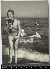 VINTAGE PHOTO sexy girl in swimsuit, bikini on the beach, barefoot leggy