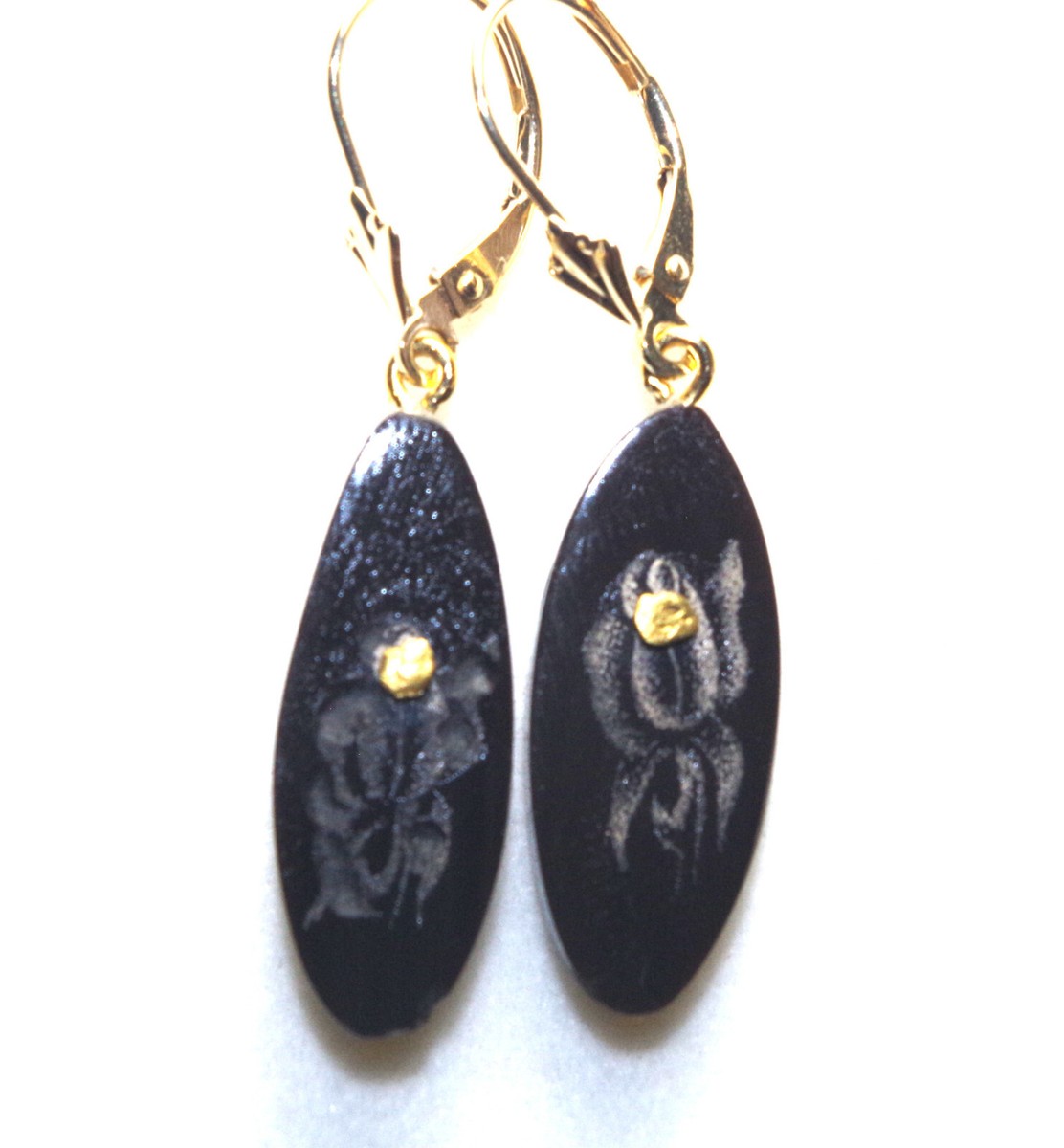 Genuine Antique 14K Carved Elongated Oval Painted Black Coral Earrings View 2