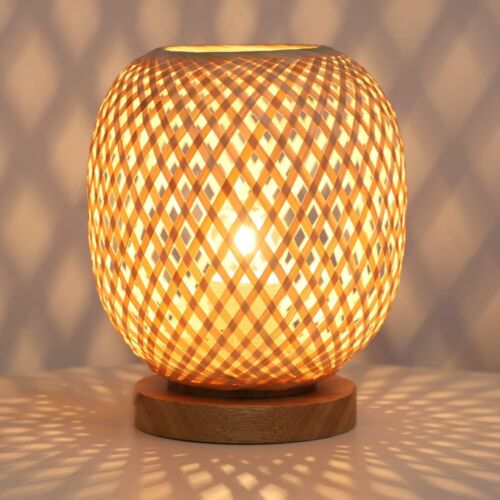 Dimmable Rattan Table Lamp Bamboo Woven Handmade Boho Beside Lamp,Small Wicker D