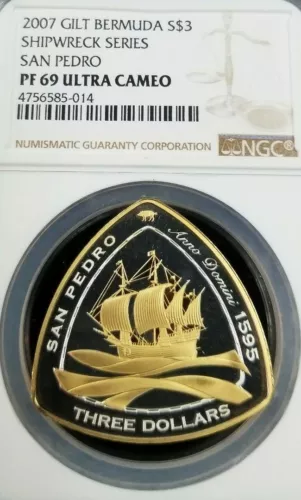2007 BERMUDA SILVER $3 SHIPWRECKS SAN PEDRO NGC PF 69 ULTRA CAMEO TOP POP BEAUTY