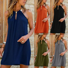 Womens Summer Halter Neck Ladies Holiday Sleeveless Solid A-Line Boho Dress