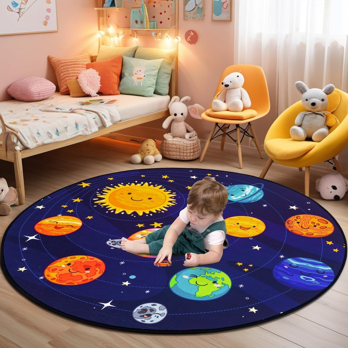 Round Space Rug for Kids Room 40x40'' Solar System Circle Rugs for