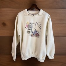 Vintage Grandma Sweatshirt L Embroidered Flowers Collared Gardening 3D Cream