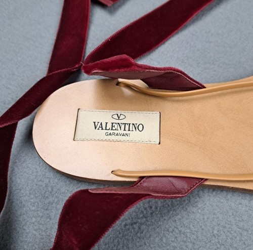Valentino Garavani Shoes Womens Size 37.5 Red Velvet Lace Up Sandals Italy Flat - Picture 5 of 12