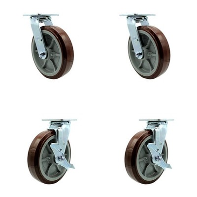 8 Inch Polyurethane Caster Set with Roller Bearings 2 Swivel Lock 2 Brake SCC