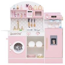 Kids Kitchen Set Wooden Kitchen Playset with Clock, Microwave, Sink, Dish Rack