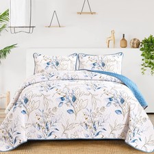 Blue Quilt Set California King,3Pieces Reversible Elegant Botanical Blue Leav...
