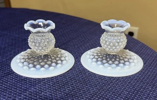 2 Vtg Fenton Hobnail Ruffled Opalescent Moonstone Glass Candlesticks Holders
