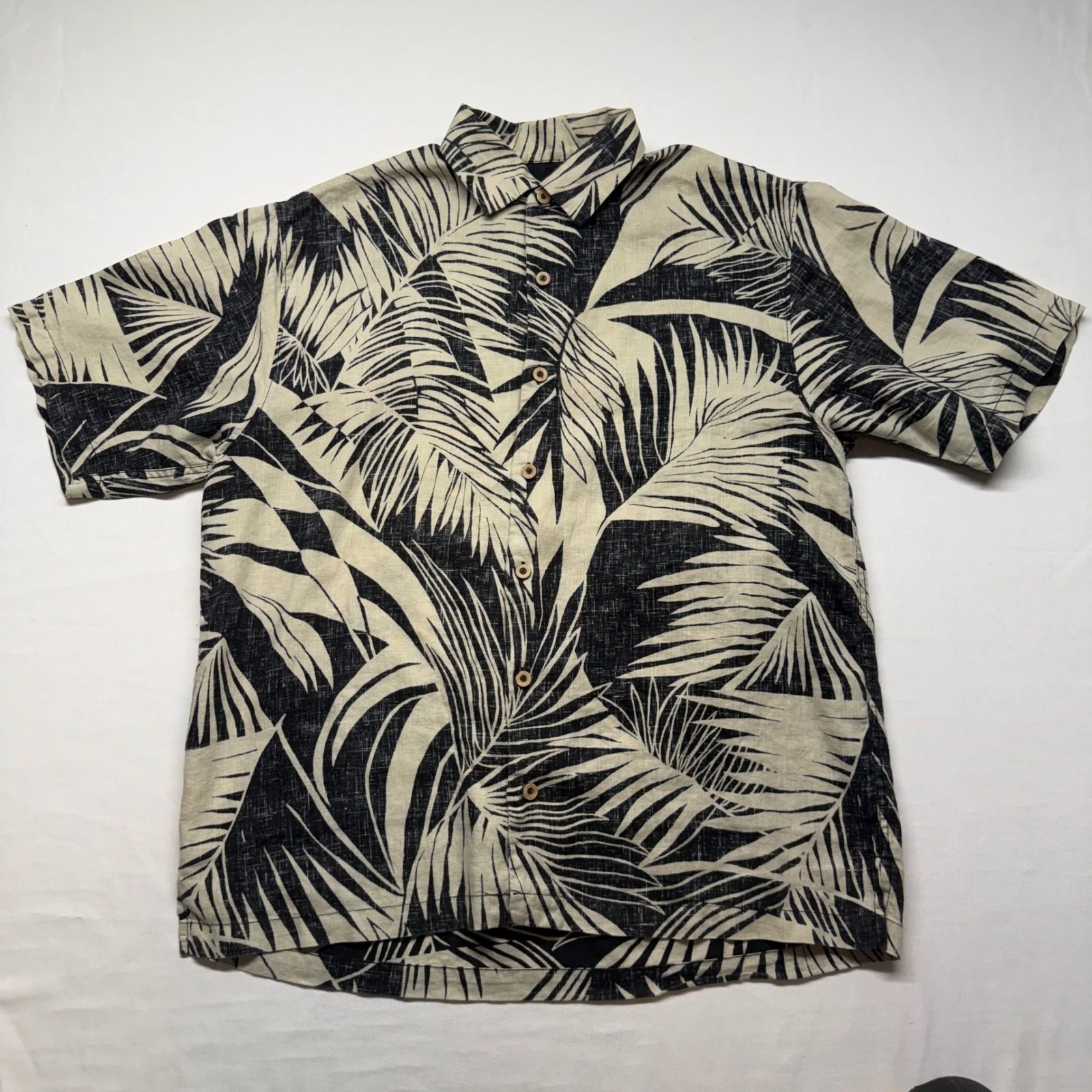 Tommy Bahama 100% Linen Hawaiian Camp Shirt Palm Leaf Tropical Mens L