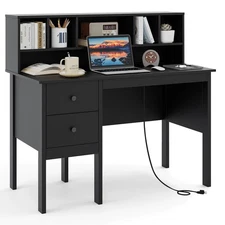 48'' Home Office Desk with Power Outlets 5-Cubby Hutch 2 Storage Drawers Black