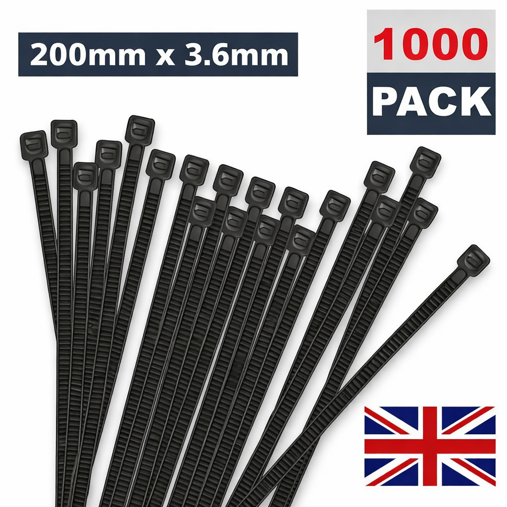 1000 PACK 200MM X 3.6MM NYLON PLASTIC STRONG BLACK CABLE TIES TIE WRAPS ZIP TIES