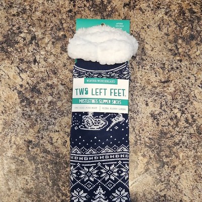 Two Left Feet Non-Slip Fluffy Lined Winter Slipper Socks Navy White