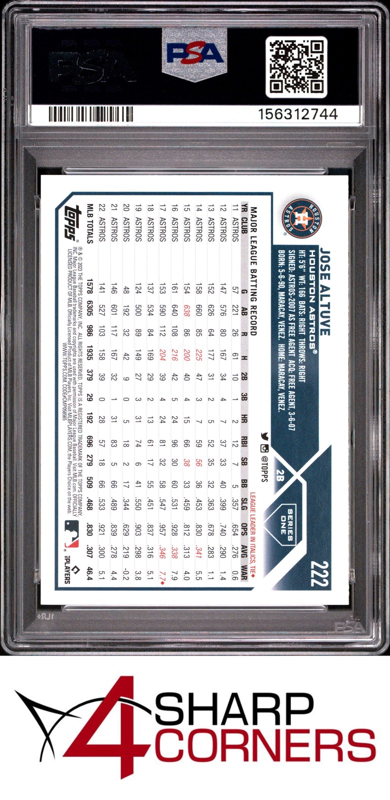 2023 TOPPS #222 JOSE ALTUVE ASTROS PSA 10 view 2