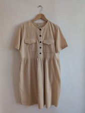 Pieces Beige Cotton Short Sleeve Button Front Dress