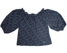 Adrienne Vittadini Smocked Neck Top Women's XL Navy White Spots Balloon Sleeve