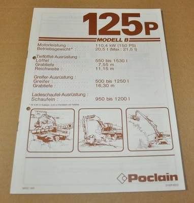 1983 Poclain 125p Excavator Specification Brochure Prospekt DE
