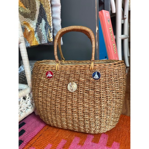 Vintage Rattan Woven Wicker purse Bag handbag preppy canvas lined summer charms