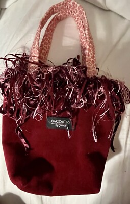 Bagolitas By Janice Red Suede Bag With Suede & Silk Trim & Animal Print Handles
