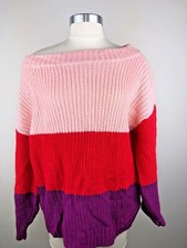 Vintage 80s 90s COLORBLOCK Off Shoulder PINK STRIPE Chunky Knit SWEATER Shirt