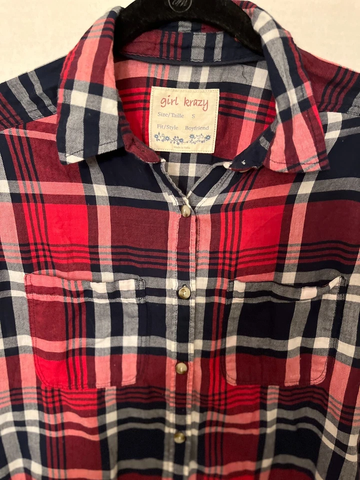 girl krazy Red Black White Plaid Small Flannel Long Sleeve Blouse Western Grunge - Image 4 of 4