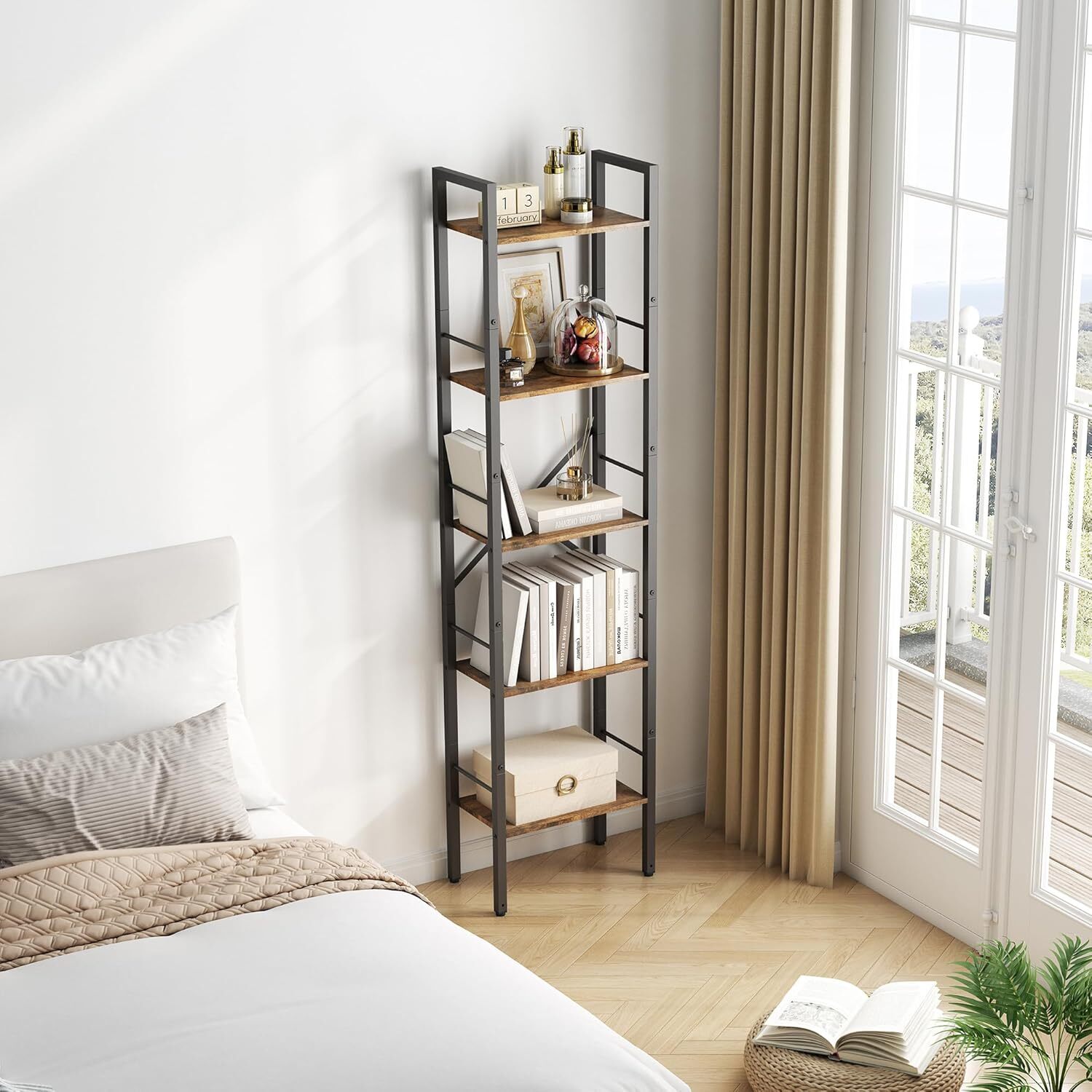 5 Tier Ladder Bookshelf Industrial Ladder Shelf, , Rustic Brown