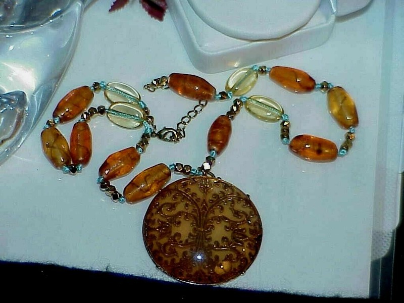 Vintage 20" Murano Glass Amber Filigree Gold Bead Pendant chain Long Necklace
