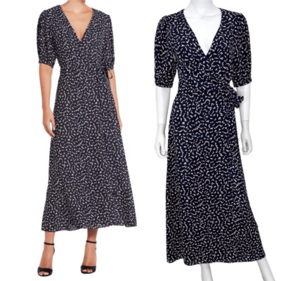MISA Los Angeles Andrea Wrap Dress in Resort Petals Print Navy Blue Womens