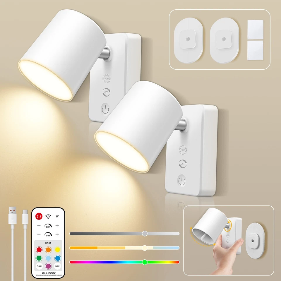 2X LED Wandleuchte Dimmbar RGBCW Touch USBC Wandlampe kabellos Leselampe Akku