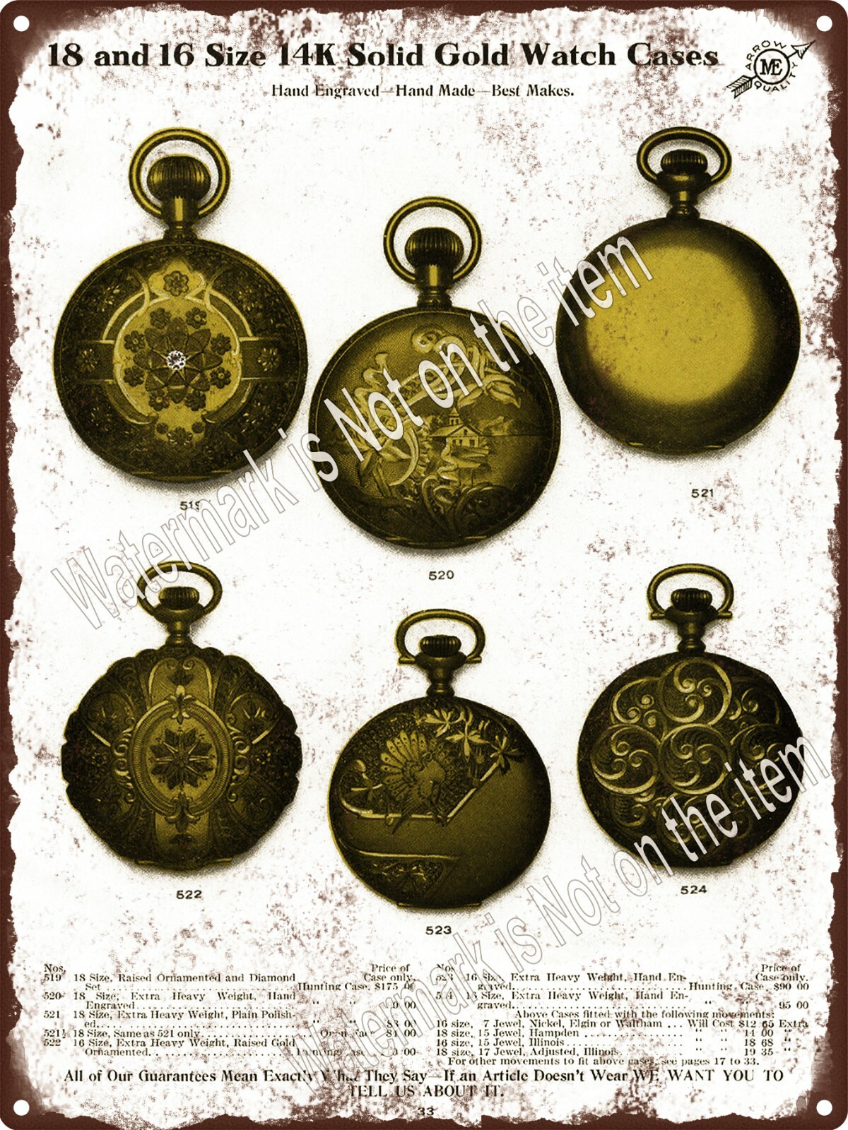 1912 Hand Engraved Gold Pocket Watch Cases Arrow Quality Metal Sign 9x12