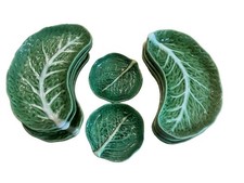Vintage Secla Portuguese Pottery Cabbage Green 8 Crescent Salad Plates X 2 Round