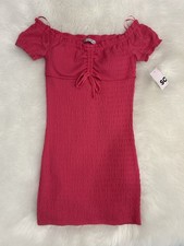 So Hot Pink Smocked Short Sleeve Poly/Spandex Ruched Dress Small Cut Out Detail