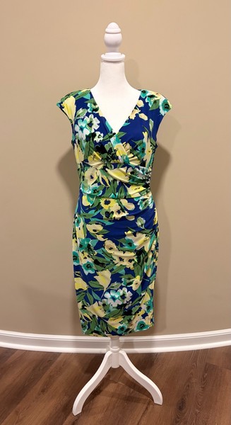 Lauren Ralph Lauren Floral Faux Wrap Sheath Dress Blue Green Yellow Size 8 Ruche