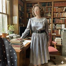 tg 80s David Robin by Yvette Secretary Dress Mixed Print Polka Dot Stripe Sz 7/8