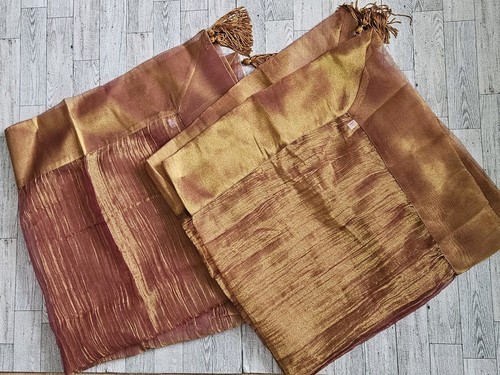 Sheer Pink & Gold Metallic Square Table Cloth Cover Lot X2 Corner Tassel Chiffon - Picture 2 of 9