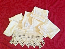 7 VTG USA White Embroider/Crochet cloth: table, christening, basket, wall deco