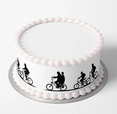 Stranger Kids Bike Silhouette Edible Icing Wafer Cake Wrap Birthday Decorations - Image 1 of 4