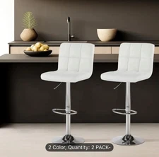 Set of 2 White Bar Stools PU Leather Adjustable Swivel Barstools for Kitchen Bar