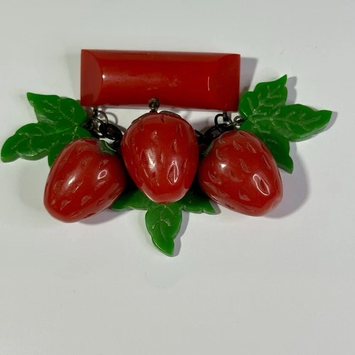 Bakelite Brooch Deeply Carved Leafy Branch Dangling Strawberries 1930s Jewelry